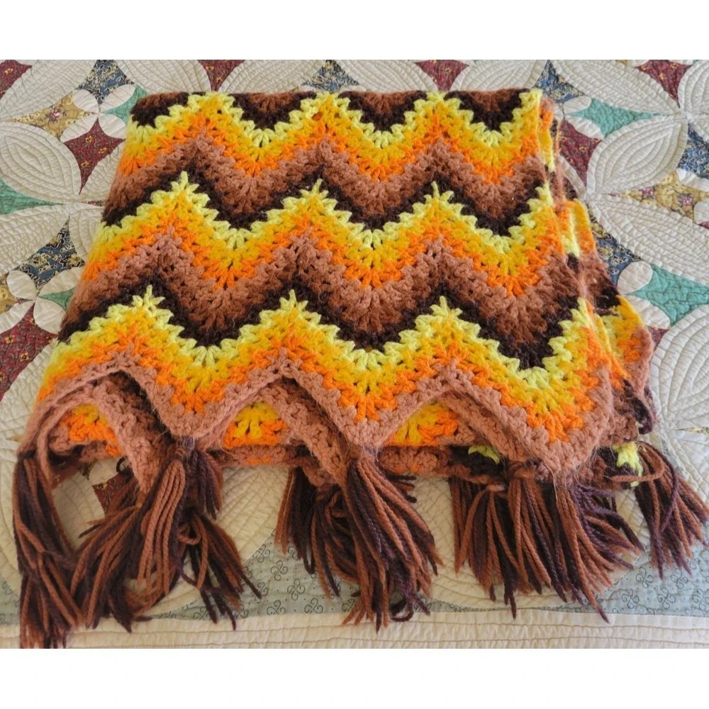 Retro Crochet Chevron Afghan Lap Throw Fall Colors Brown Orange Fringe 34x36‎